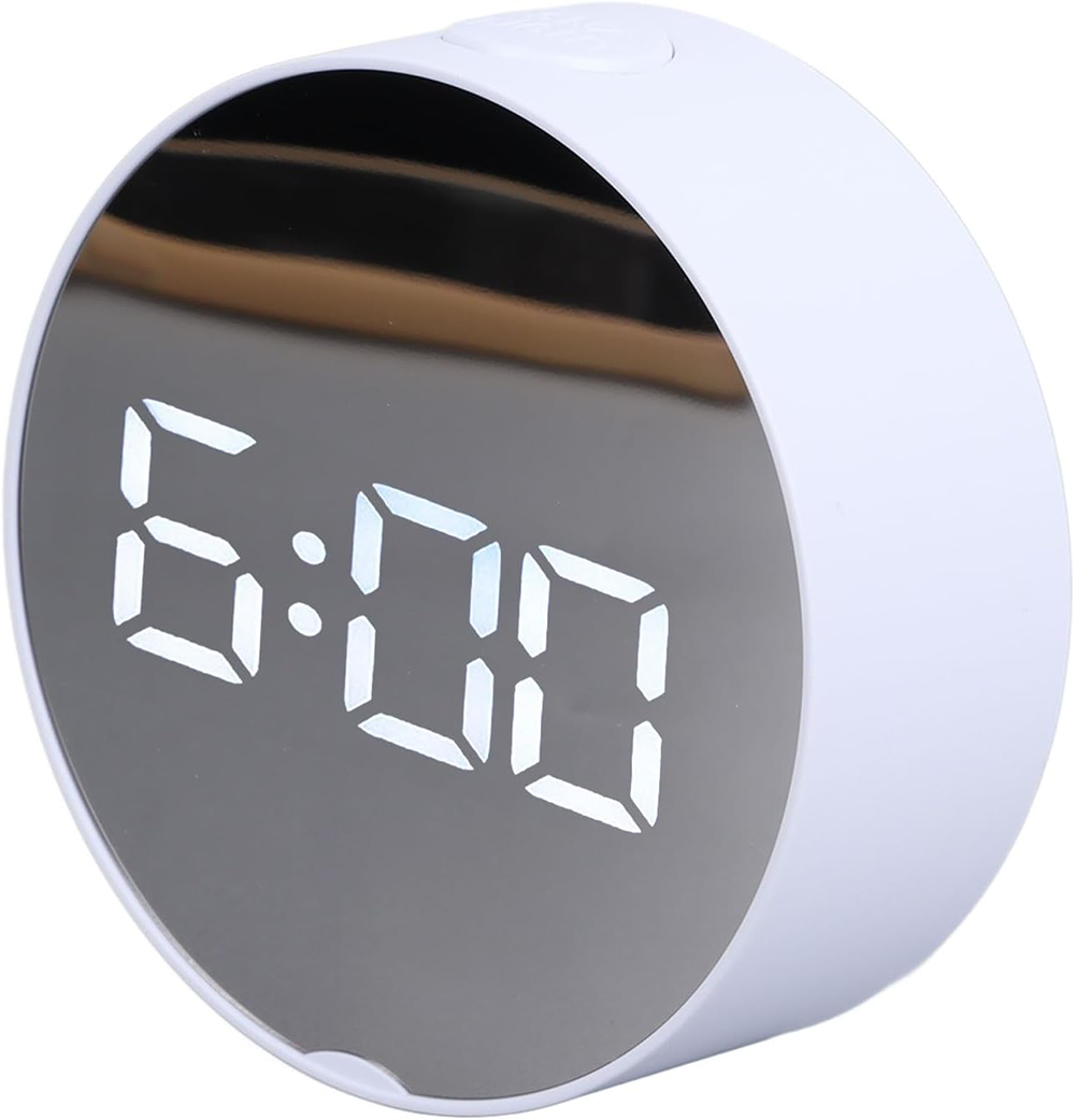 Digital Mirror Alarm Clock, Large Round Display, Portable LED Desk Clock, White, 6506-6505