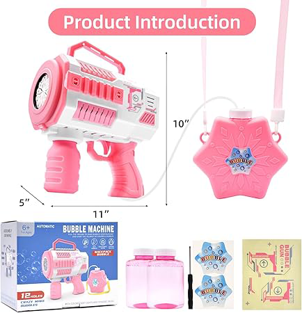 Automatic Bubble Gun, 12 Holes, Pink