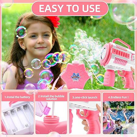 Automatic Bubble Gun, 12 Holes, Pink