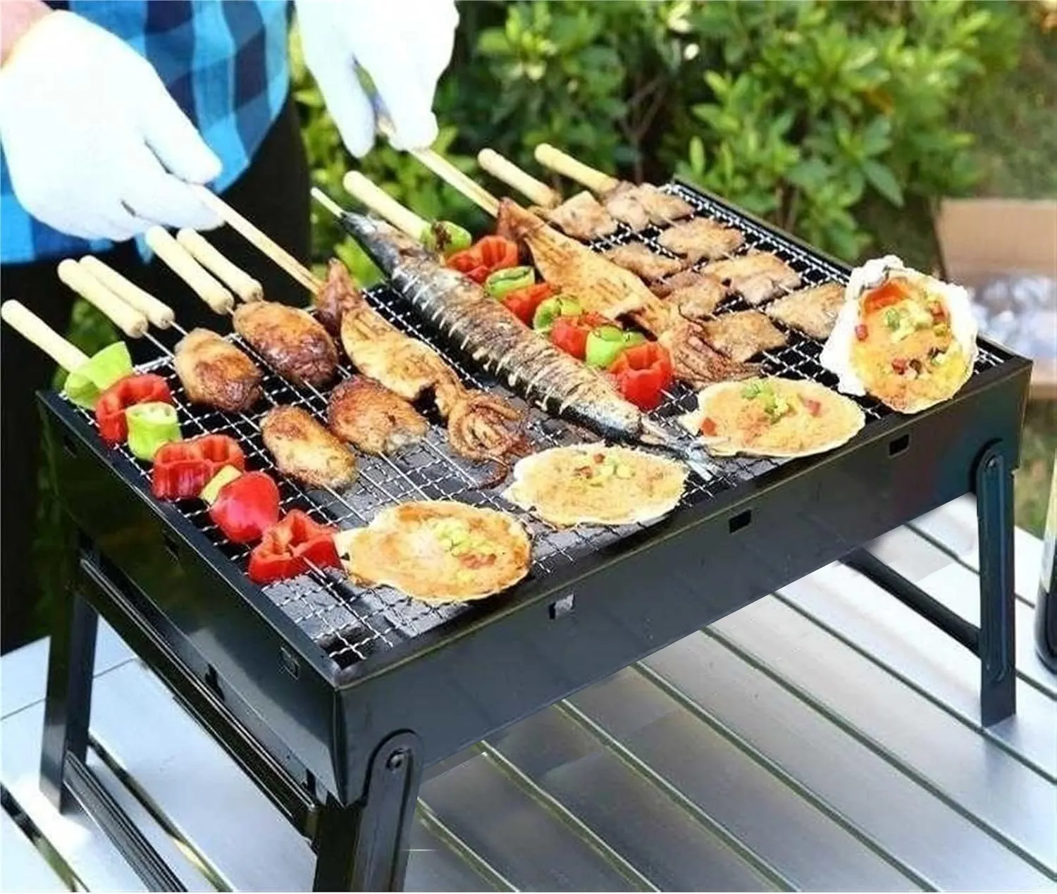 شواية فحم باربيكيو للاستخدام الخارجي والمطبخ، لون أسود