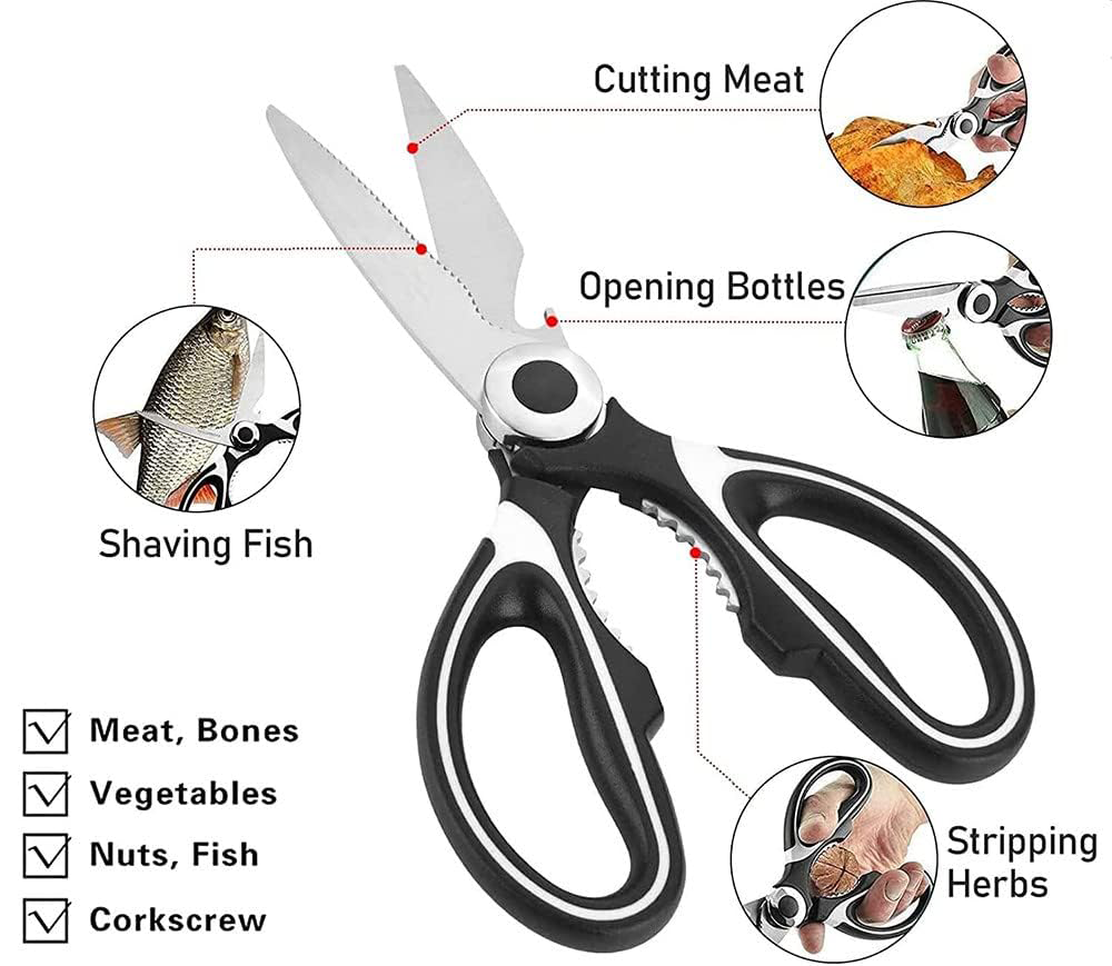 Multi-purpose kitchen scissors with sheath, stainless steel, black