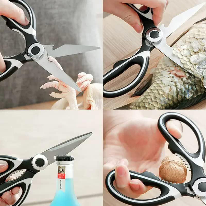 Multi-purpose kitchen scissors with sheath, stainless steel, black