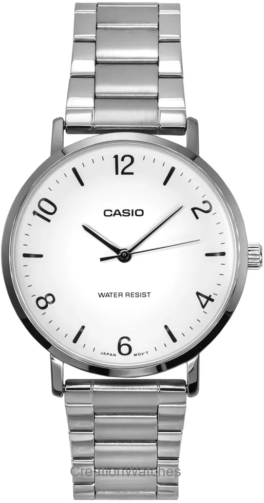 Casio Men's Watch, White Dial, Round Hands, Silver Stainless Steel Band, Analog Watch, Silver, Mtp-Vt03D-7B