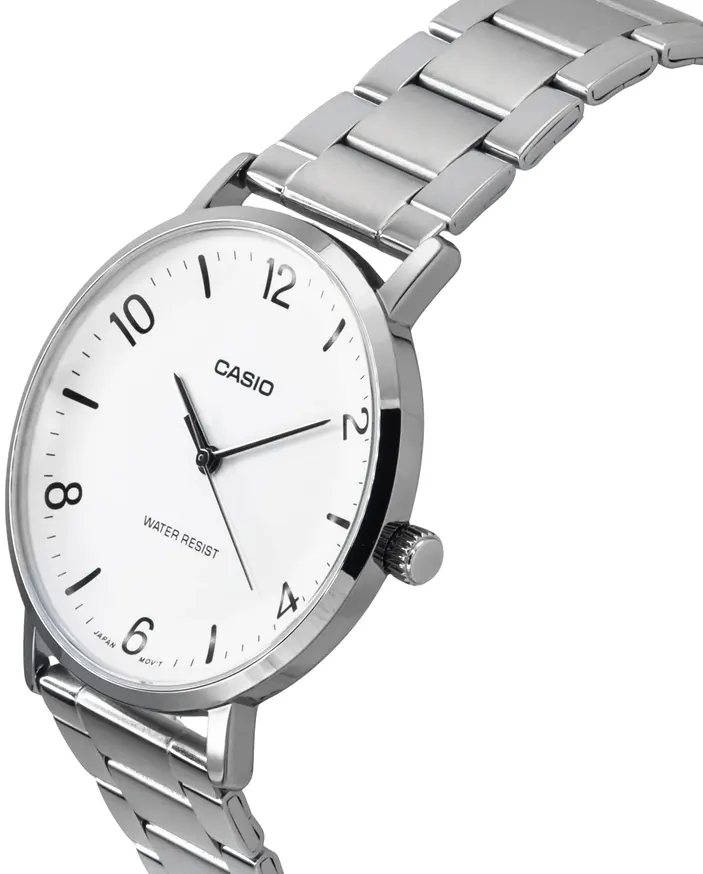 Casio Men's Watch, White Dial, Round Hands, Silver Stainless Steel Band, Analog Watch, Silver, Mtp-Vt03D-7B