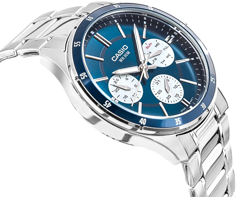 Casio Men's Watch, Blue Dial , Round Hands , Silver Stainless Steel Strap, Analog Wrist Watch, Silver, MTP-1374D-2A3VDF