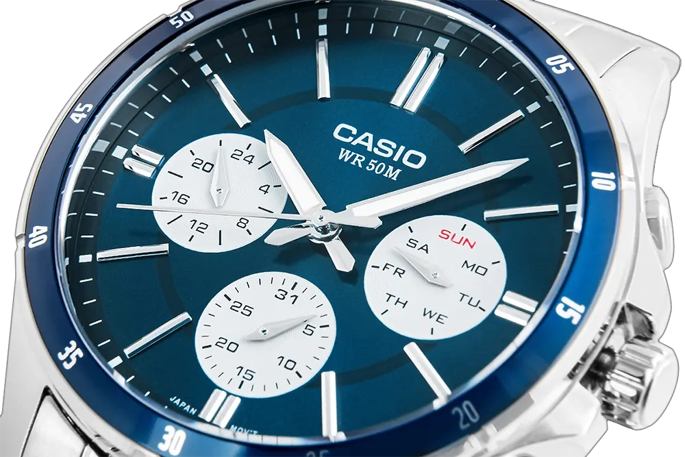 Casio Men's Watch, Blue Dial , Round Hands , Silver Stainless Steel Strap, Analog Wrist Watch, Silver, MTP-1374D-2A3VDF