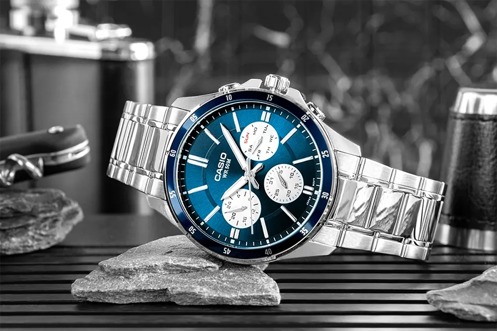 Casio Men's Watch, Blue Dial , Round Hands , Silver Stainless Steel Strap, Analog Wrist Watch, Silver, MTP-1374D-2A3VDF