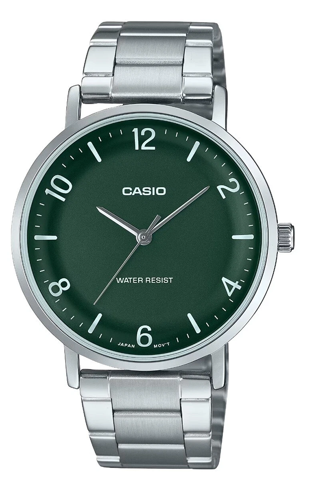 ساعة كاسيو للرجال، مينا خضراء ، عقارب دائرية، سوار ستانلس ستيل فضي، ساعة يد تناظرية، فضي، MTP-VT03D-3BDF
