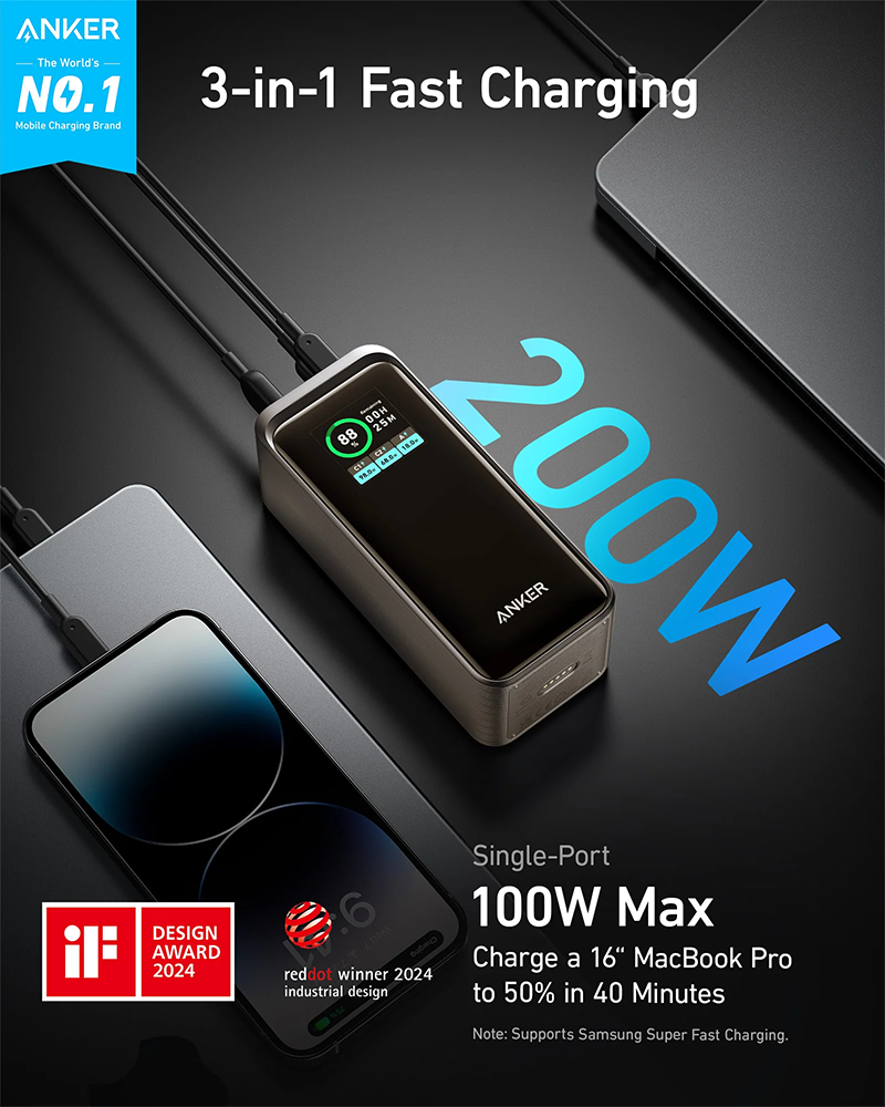 Anker Prime Power Bank, 20000mAh, 200W Fast Charging, Smart Digital Display, Golden, A13360B1