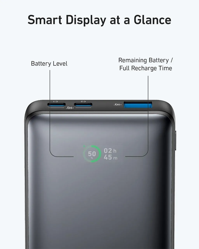 باور بانك أنكر، 10000 ملي امبير، شاشة ديجيتال، 25 وات، 3 مخارج، أسود، A1249H11