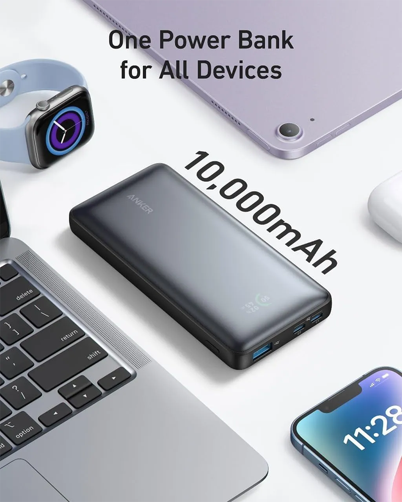 باور بانك أنكر، 10000 ملي امبير، شاشة ديجيتال، 25 وات، 3 مخارج، أسود، A1249H11