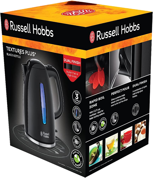 Russell Hobbs Textures Plus Electric Kettle, 1.7L, 2400W, Illuminated View Window, Matte Black, 22591-70