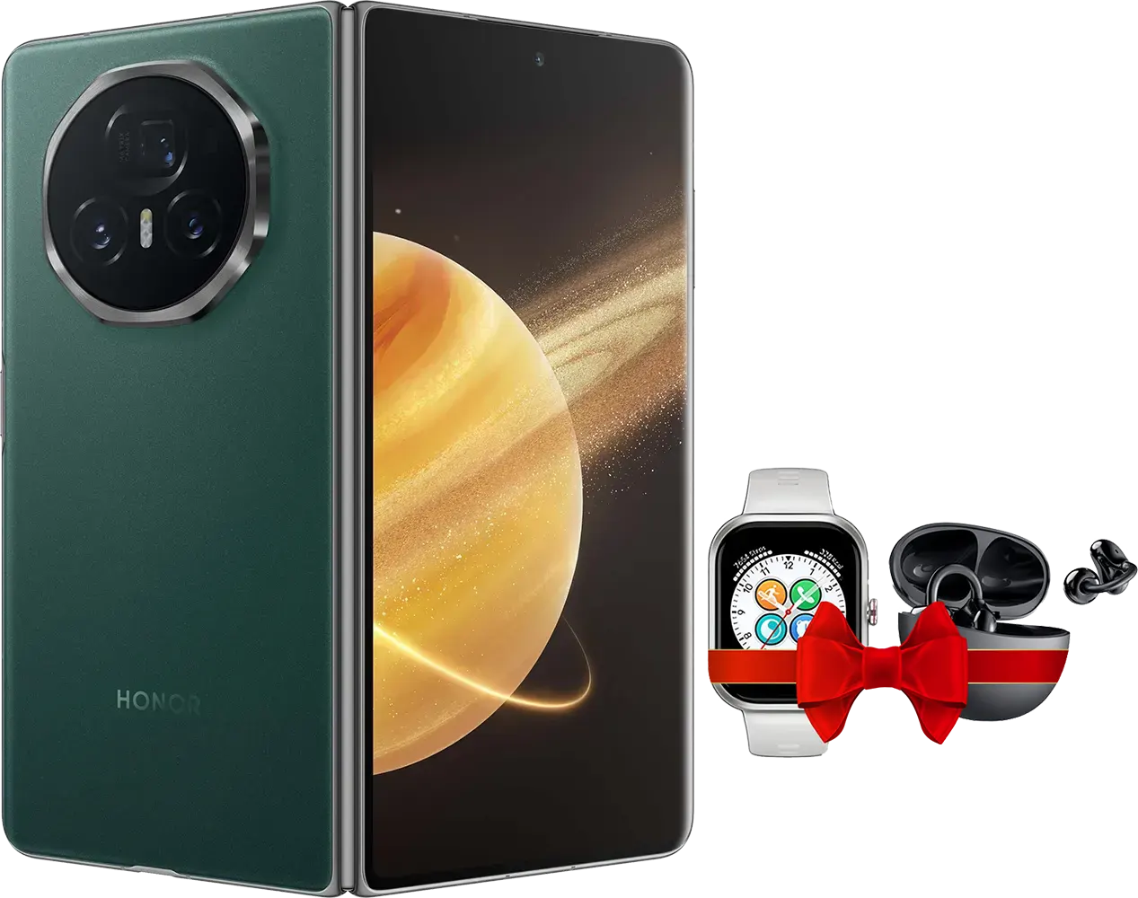 موبايل هونر ماجيك في 3، ثنائي الشريحة، ذاكرة داخلية 512 جيجابايت، رامات 12 جيجابايت، شبكة الجيل الخامس، أخضر+ ساعة هونر تشويس وسماعة اذن لاسلكية هونر كليبس هدية
