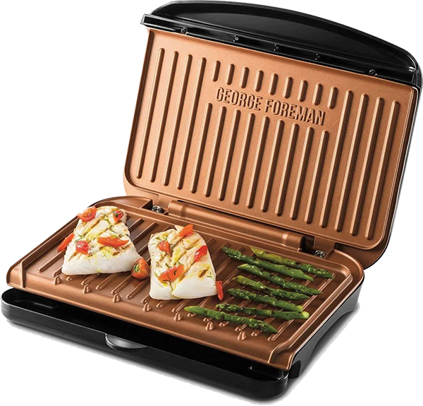 شواية جريل كهربائية جورج فورمان متوسطة، 1630 وات، تسخين سريع، الواح نحاسية غير لاصقة، أسود*نحاسي، 56-25811