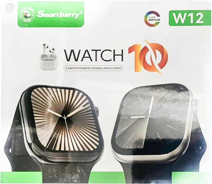 ساعة ذكية من سمارت باري، شاشة 2.2 بوصة، 2 سوار، لون أسود، سماعات أذن W12 مجانًا