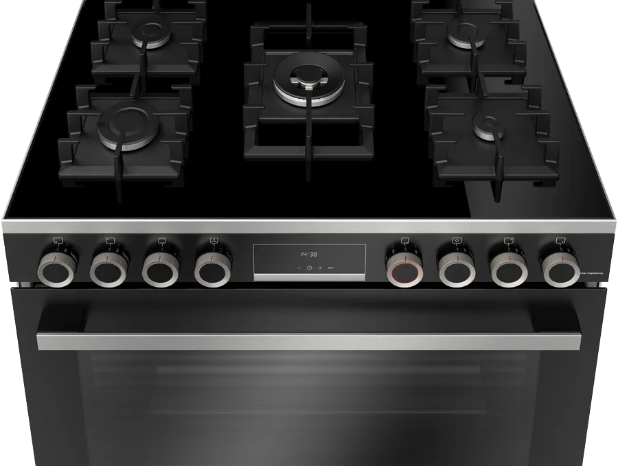 بوتاجاز بوش ، مقاس 90 سم ، 5 شعلة ، شاشة ديجيتال ، امان تام ، حوامل زهر ، مروحه فرن ، أسود ، HJY5G7V61S