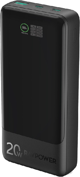 باور بانك راف باور بي دي بايونير، 20,000 مللي أمبير، شحن سريع 20 وات، 3 منافذ، شاشة TFT سمارت، أسود، RP-PB1238