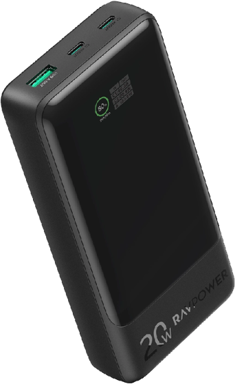 باور بانك راف باور بي دي بايونير، 20,000 مللي أمبير، شحن سريع 20 وات، 3 منافذ، شاشة TFT سمارت، أسود، RP-PB1238