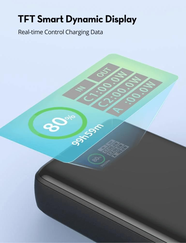 باور بانك راف باور بي دي بايونير، 20,000 مللي أمبير، شحن سريع 20 وات، 3 منافذ، شاشة TFT سمارت، أسود، RP-PB1238
