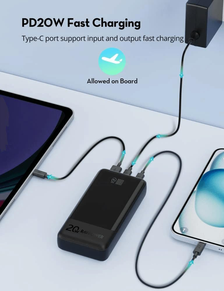 باور بانك راف باور بي دي بايونير، 20,000 مللي أمبير، شحن سريع 20 وات، 3 منافذ، شاشة TFT سمارت، أسود، RP-PB1238