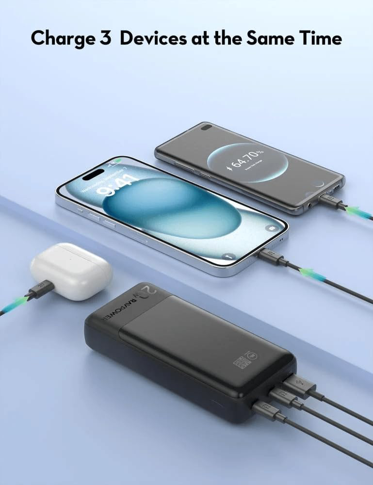 RAVPower PD Pioneer Power Bank, 20,000mAh, 20W Fast Charging, 3 Ports, TFT Smart Display, Black, RP-PB1238