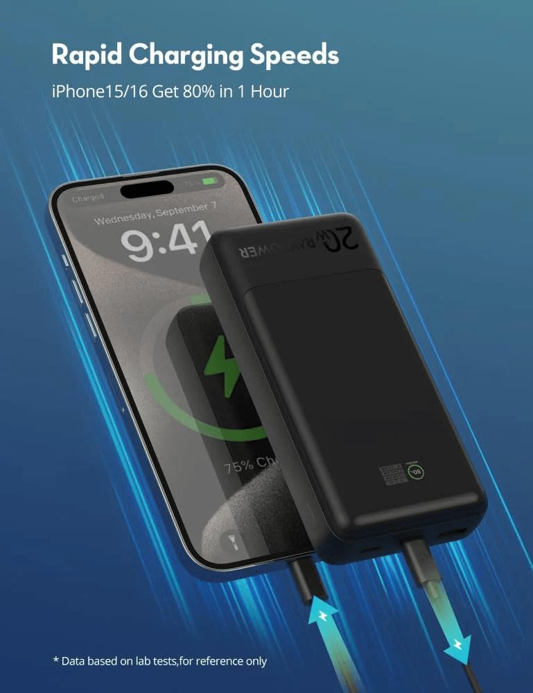 RAVPower PD Pioneer Power Bank, 20,000mAh, 20W Fast Charging, 3 Ports, TFT Smart Display, Black, RP-PB1238