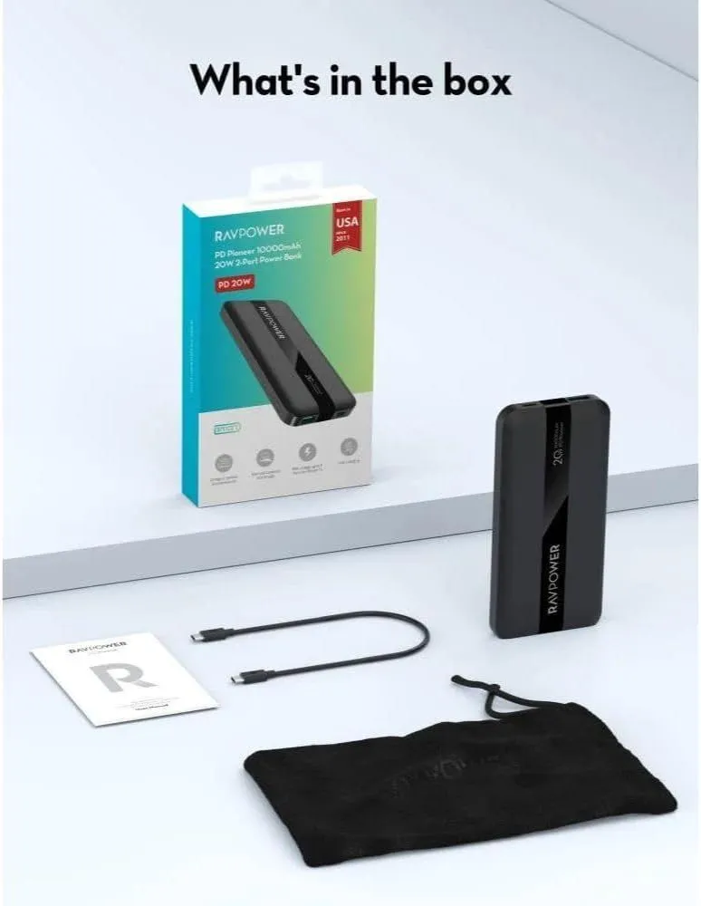 RAVPower PD Pioneer Power Bank, 10,000mAh, 20W Fast Charging, 2 Ports, Black, RP-PB1236