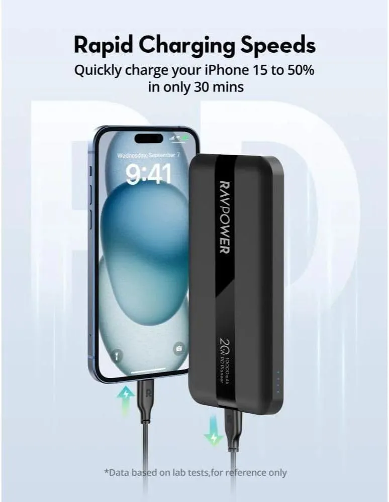 RAVPower PD Pioneer Power Bank, 10,000mAh, 20W Fast Charging, 2 Ports, Black, RP-PB1236