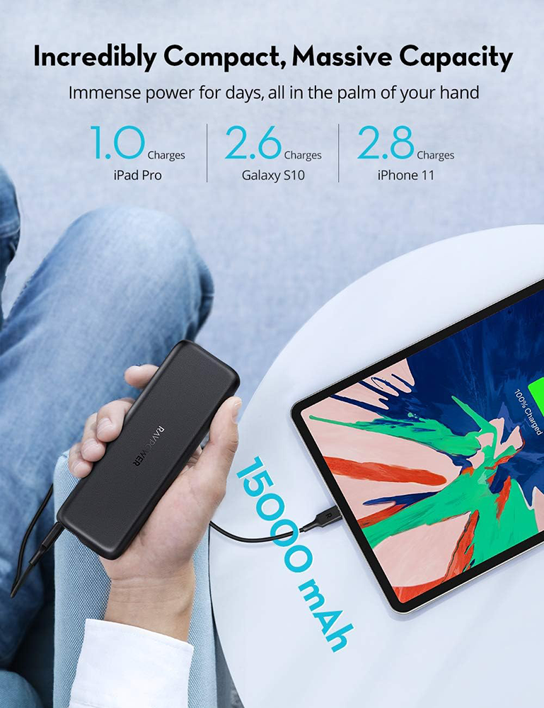 باور بانك راف باور بي دي بايونير، 15,000 مللي أمبير، شحن سريع 30 وات، 2 منفذ، أسود، RP-PB203