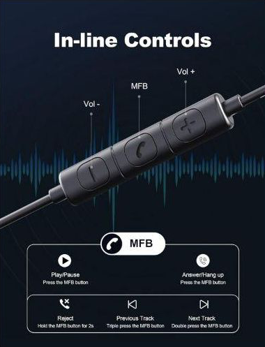 RAVPower Wired Earphones, 3.5mm Jack, Built-in Microphone, Stereo Sound, Black, RP-BH1007