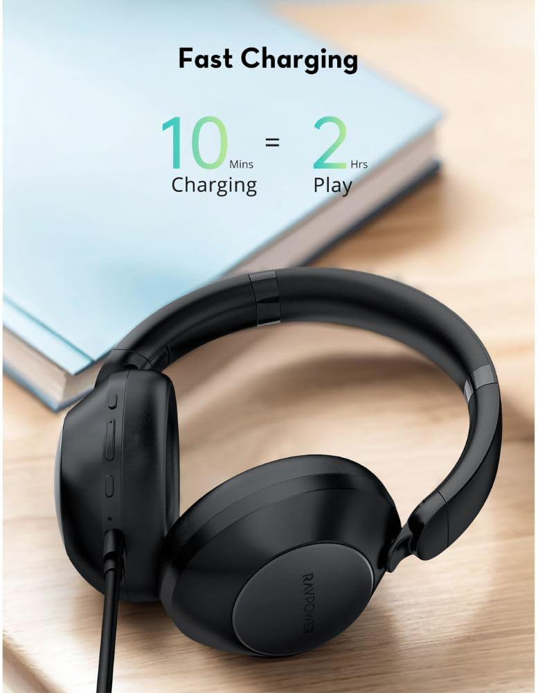 RAVPower Wireless Headphones, Active Noise Cancelling, Stereo Sound, Built-in Microphone, Foldable, Black, RP-BH1019