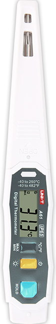 Uni-T Digital Thermometer, Pen Shape Design, Stainless Steel Tip with Protective shell, LED Indicator, White, A61