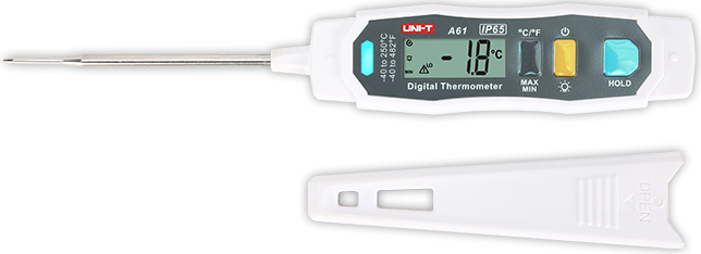 Uni-T Digital Thermometer, Pen Shape Design, Stainless Steel Tip with Protective shell, LED Indicator, White, A61