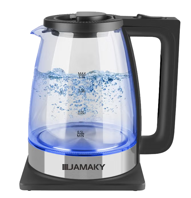 Jamaky Glass Electric Kettle, 1650 Watt, 1.8 Liter Capacity, 360 Degree Rotating Base, Black, JMK9513