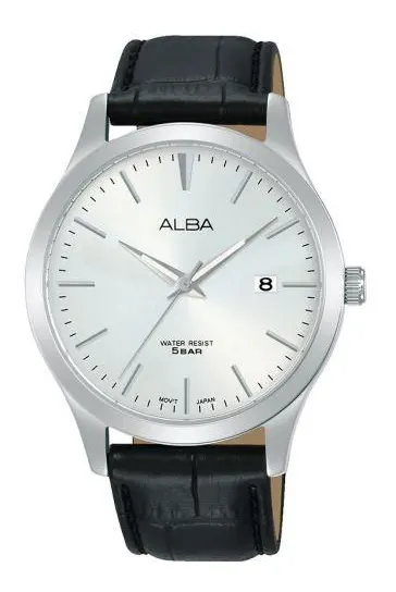 ساعة يد ألبا رجالي ستاندرد سوار جلد أسود، مينا سيلفر، AS9M39X1