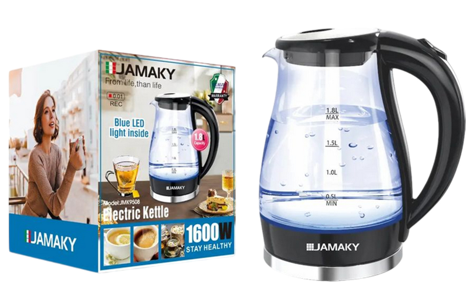 Jamaky Glass Electric Kettle , 1600 Watt , 1.8 Liter Capacity, Boil-Dry Protection , Black, JMK9508