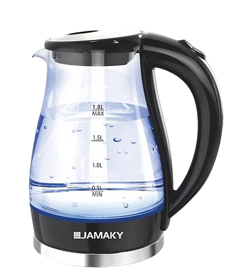 Jamaky Glass Electric Kettle , 1600 Watt , 1.8 Liter Capacity, Boil-Dry Protection , Black, JMK9508
