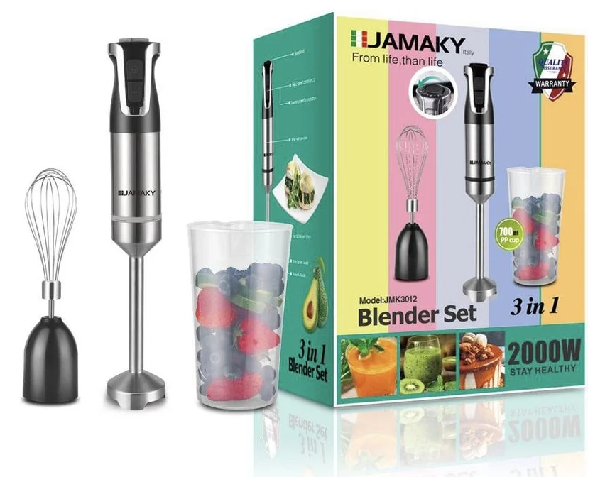 Jamaky 3 in1 Hand Blender , 2000 watt , 700 ml jug , two speeds , stainless steel, JMK3012