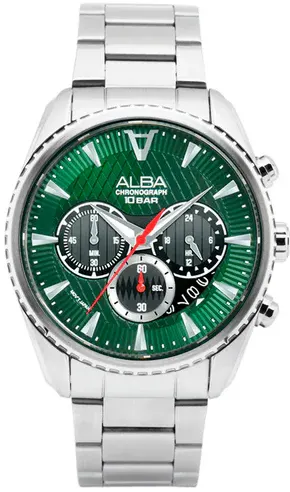 ساعة البا للرجال، مينا خضراء، عقارب دائرية، سوار ستانلس ستيل فضي، ساعة يد تناظرية، فضي، AT3J13X1