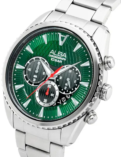 ساعة البا للرجال، مينا خضراء، عقارب دائرية، سوار ستانلس ستيل فضي، ساعة يد تناظرية، فضي، AT3J13X1