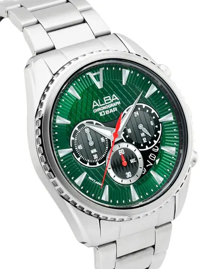 ساعة البا للرجال، مينا خضراء، عقارب دائرية، سوار ستانلس ستيل فضي، ساعة يد تناظرية، فضي، AT3J13X1