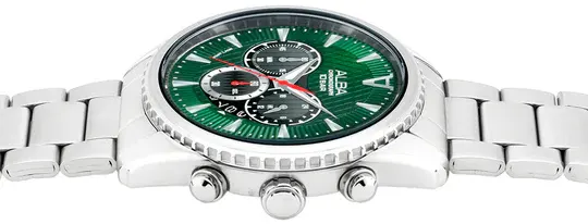 ساعة البا للرجال، مينا خضراء، عقارب دائرية، سوار ستانلس ستيل فضي، ساعة يد تناظرية، فضي، AT3J13X1