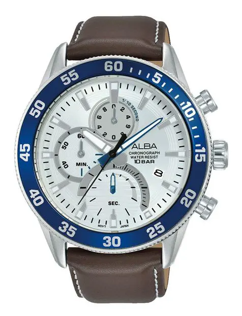 ساعة يد البا رجالي بسوار جلد بني وقرص فضي، AM3901X1