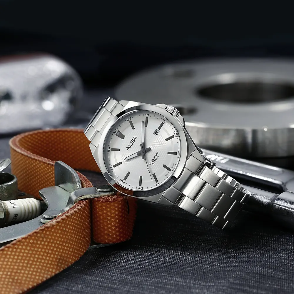 Alba Men's Watch, Silver White Patterned  Dial, Analog Display, Silver Stainless Steel Band, Silver, As9P17X1