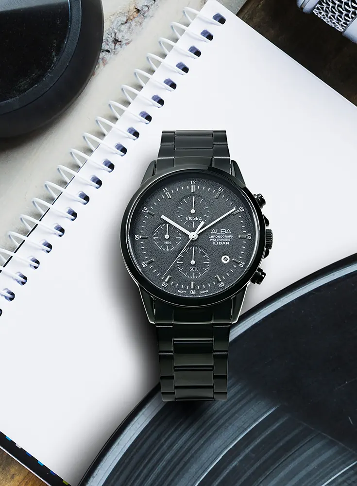 ساعة البا للرجال ، مينا اسود منقوش ، عقارب ، سوار ستانلس ستيل اسود، ساعة يد تناظرية، اسود، AM3857X1