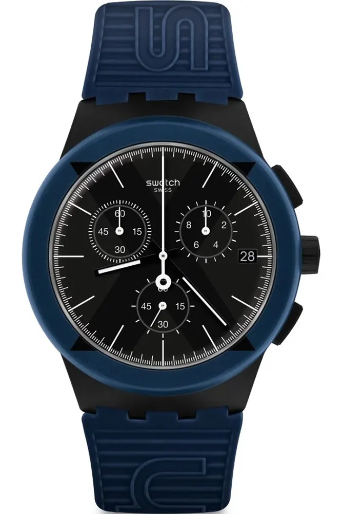 Swatch Swiss watch, blue strap, black dial, SUSB418