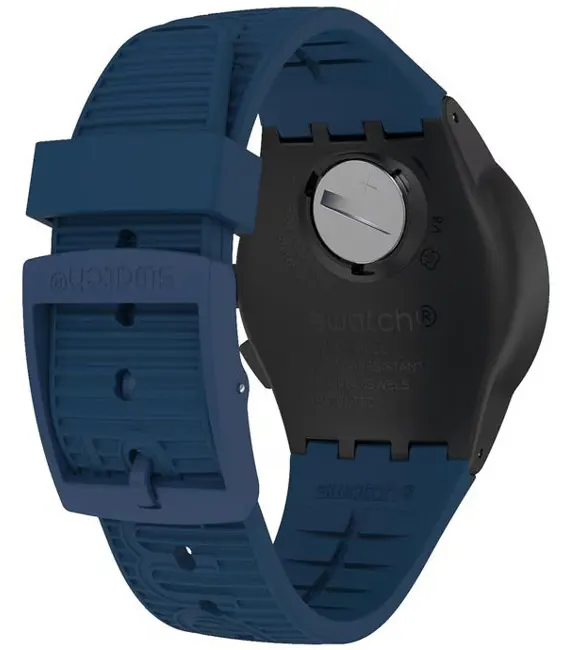 Swatch Swiss watch, blue strap, black dial, SUSB418