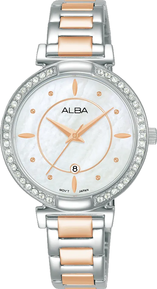 ساعة البا للنساء، مينا ابيض، عقارب دائرية، سوار ستانلس ستيل فضي في روز جولد ، ساعة يد تناظرية ، فضي، AH7BE9X1