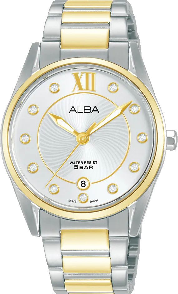 ساعة البا للنساء، مينا فضي في ابيض منقوش ، عقارب دائرية، سوار ستانلس ستيل فضي في  جولد، ساعة يد تناظرية، فضي، AG8M64X1