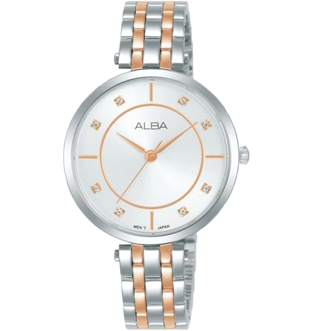 ساعة البا للنساء، مينا  ابيض  ، عقارب دائرية، سوار ستانلس ستيل فضي في روز جولد، ساعة يد تناظرية، فضي، ARX078X1